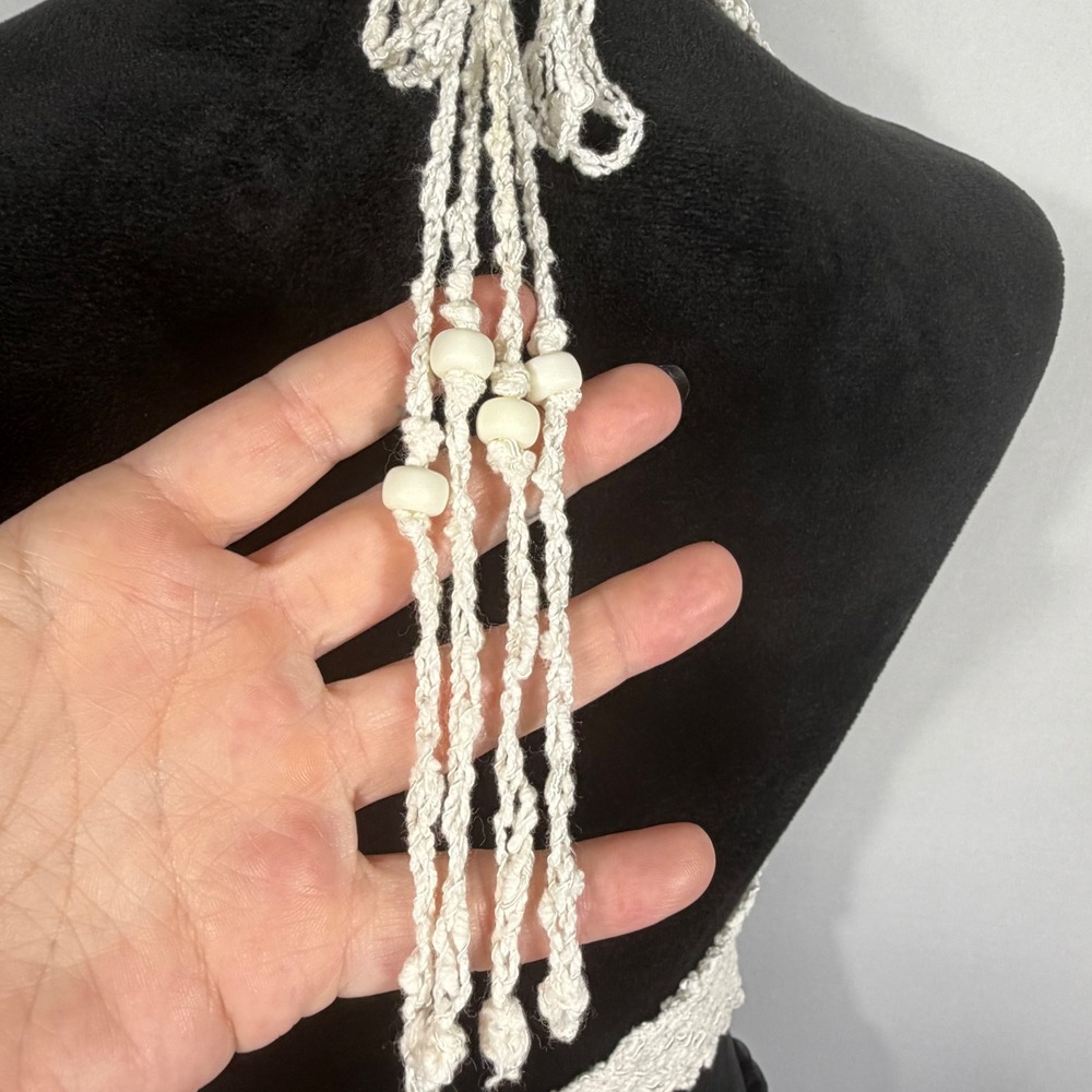 Vtg 90s Y2K EXPRESS Crochet Halter Top Med White Knit Beaded Tie Back Fairy Boho - Picture 6 of 8